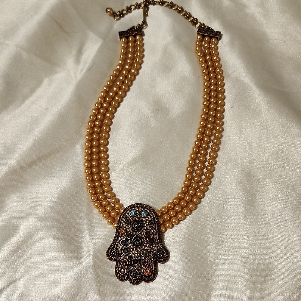 Heidi Daus Gold Beaded Necklace with Ornate Hamsa Pendant
